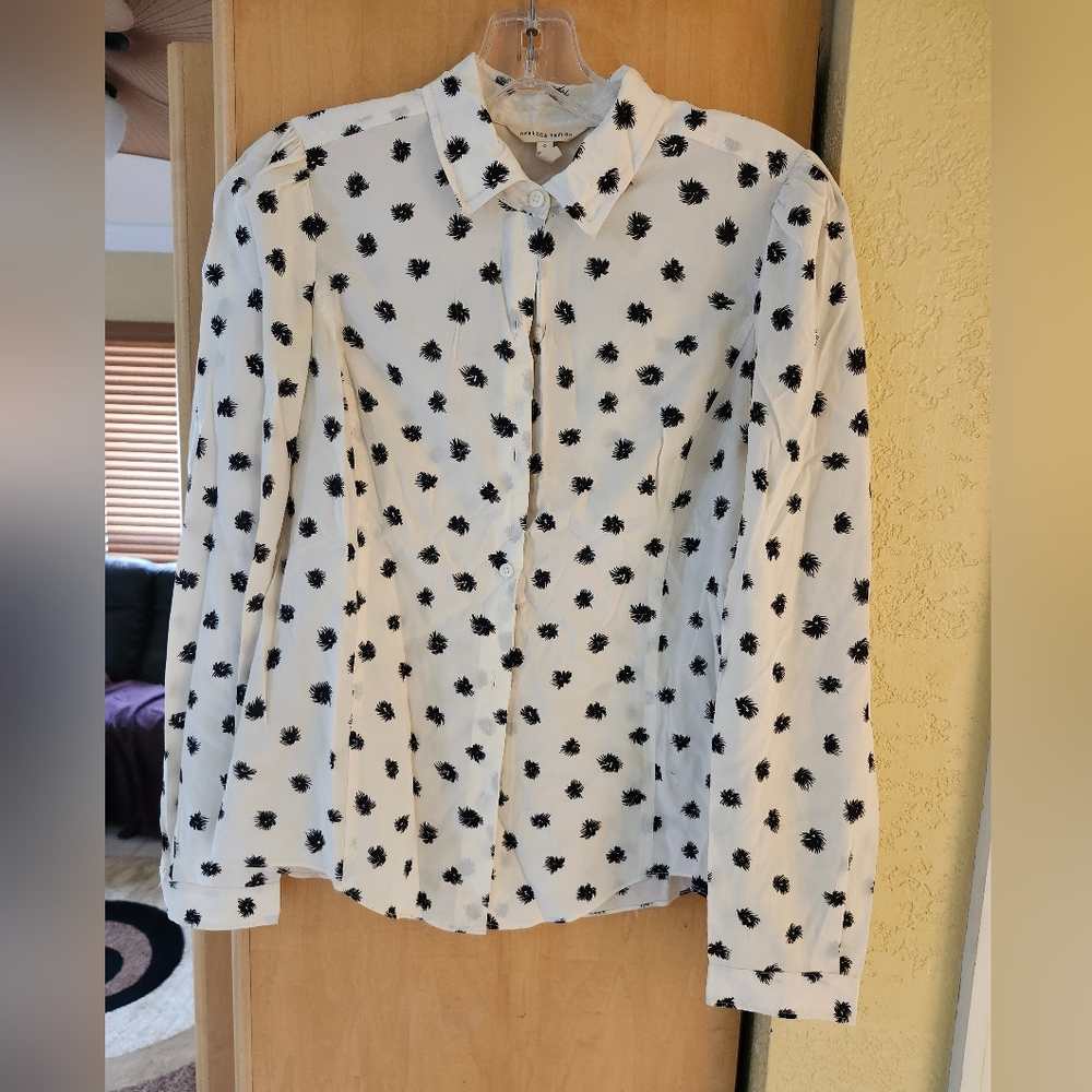 Rebecca Taylor ivory white black floral button up long sleeve silk blouse Size 0